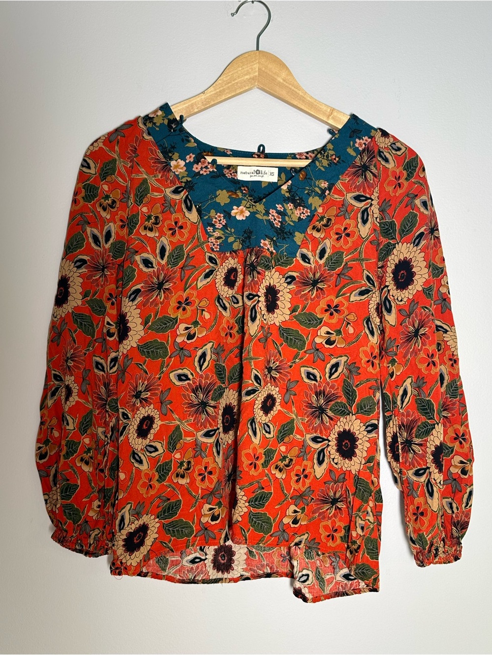 NATURAL LIFE Orange Floral Peasant Blouse with Teal Yoke Size XS